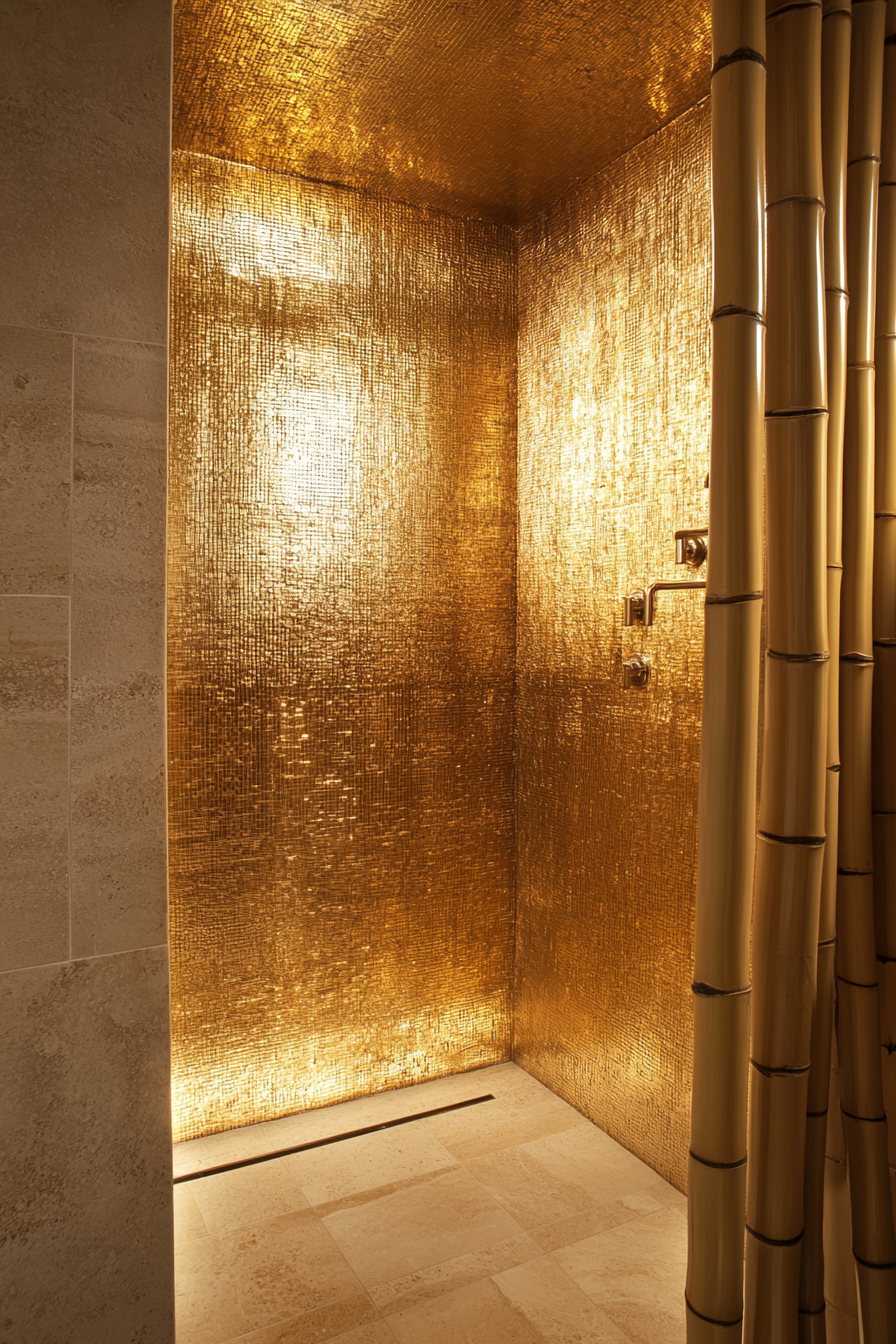 Luxurious small bathroom. Gold leaf tiles with a bamboo shower curtain.