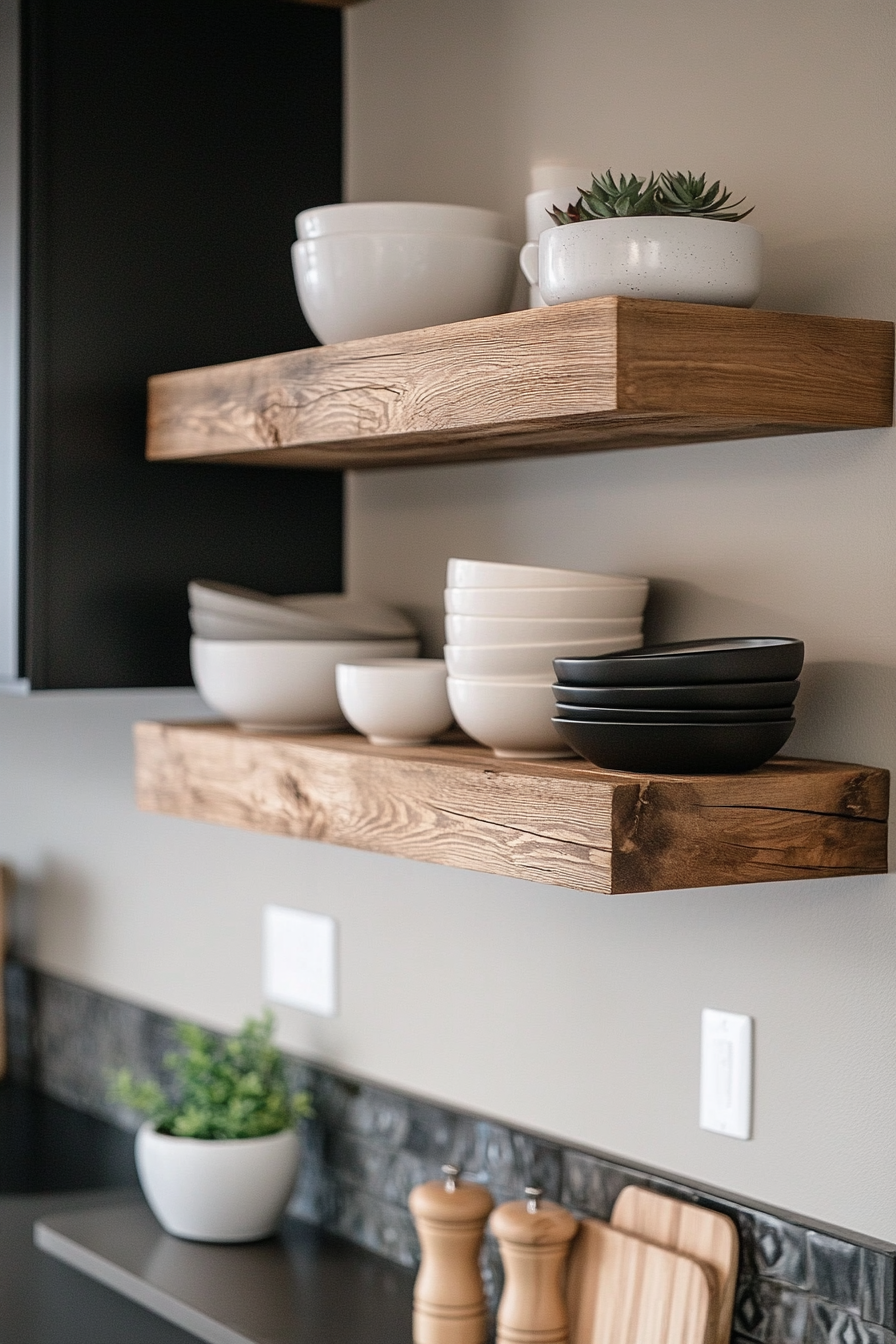 Japandi kitchen transformation. Floating wooden shelves, matte black accents.