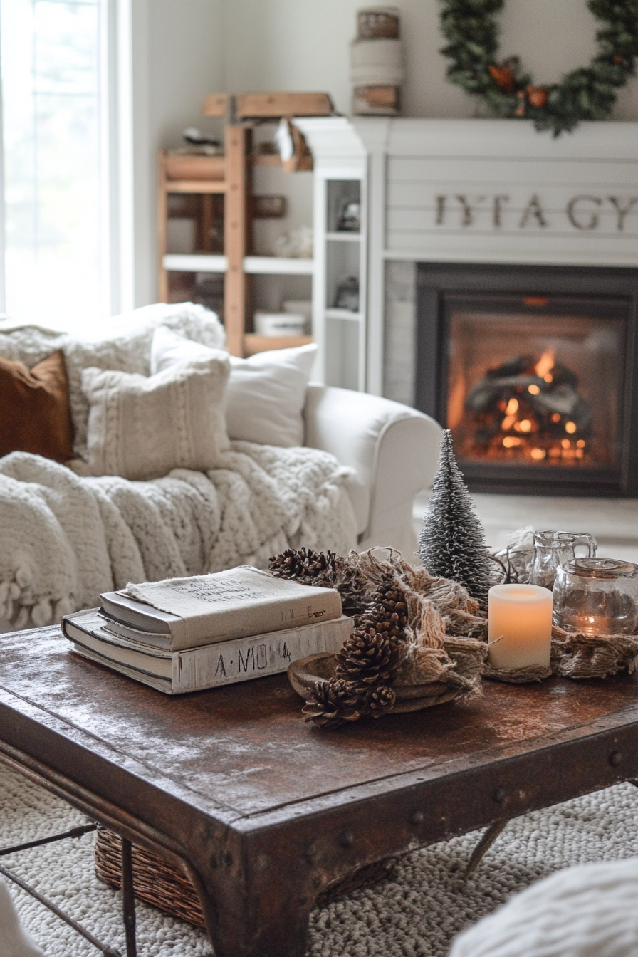 Fall living room. Rusty metal coffee table with fleece-covered cushions.