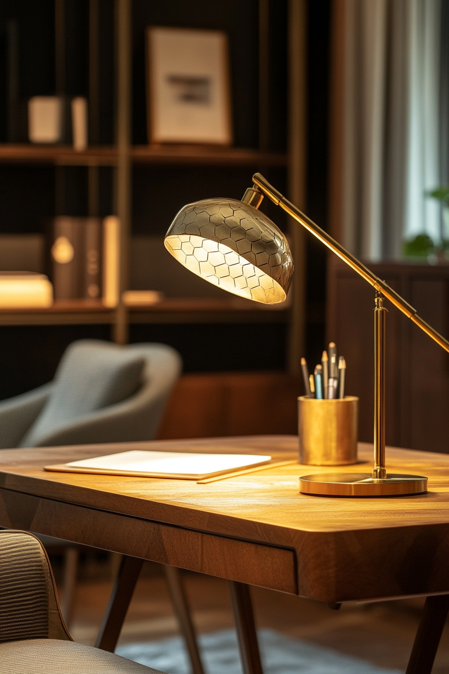 Remote work office. Brass desk lamp with geometric Art Deco patterns.