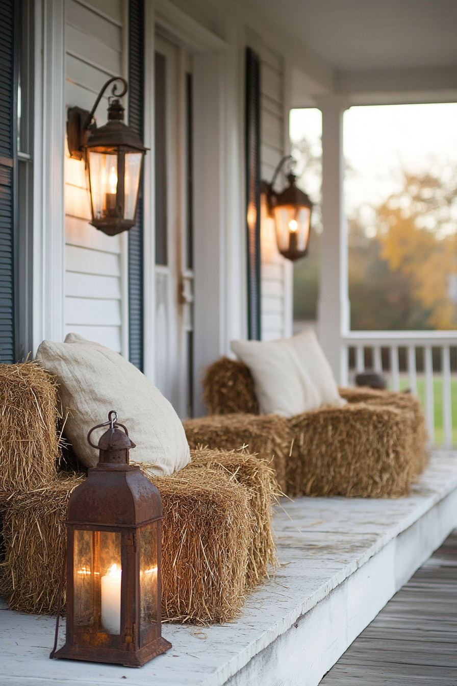 Fall porch. Hay bales accentuated with antique rusted lanterns.