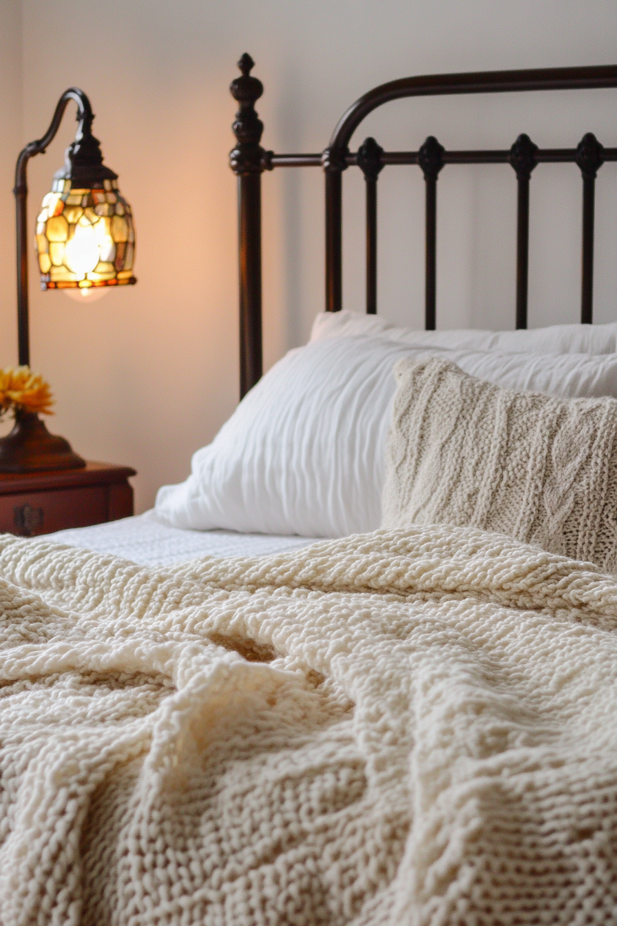 Fall bedroom. Bronze antique bedframe, cream knit throw blanket, and vintage Tiffany lamp.