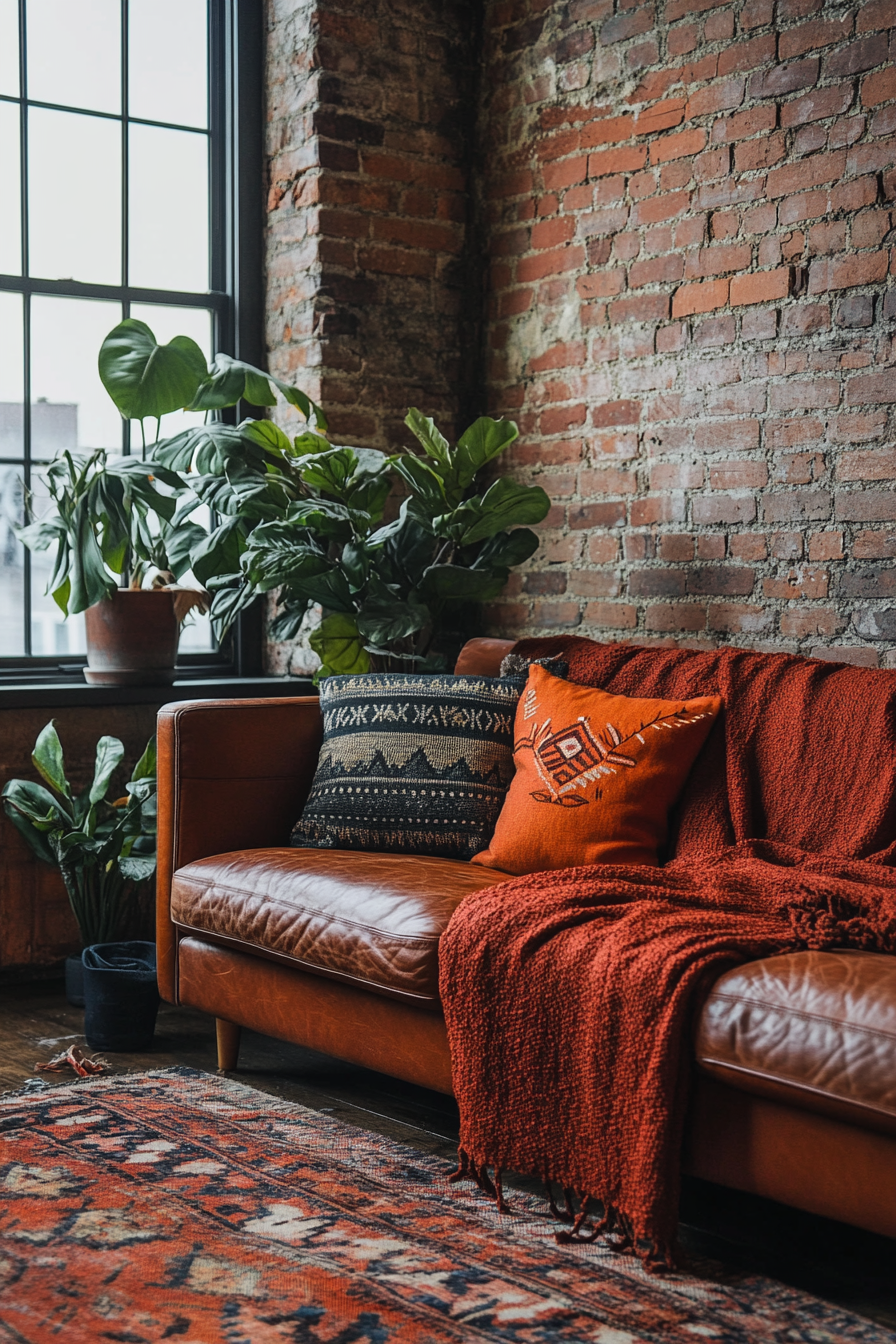 Fall living room. Leather couch with rust-colored throw blanket and exposed brick wall.