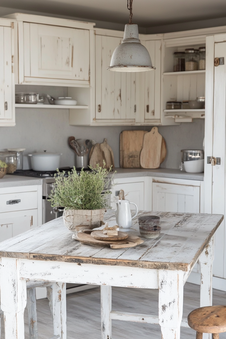 Coastal-themed kitchen. Distressed white cabinets and a repurposed wooden table.