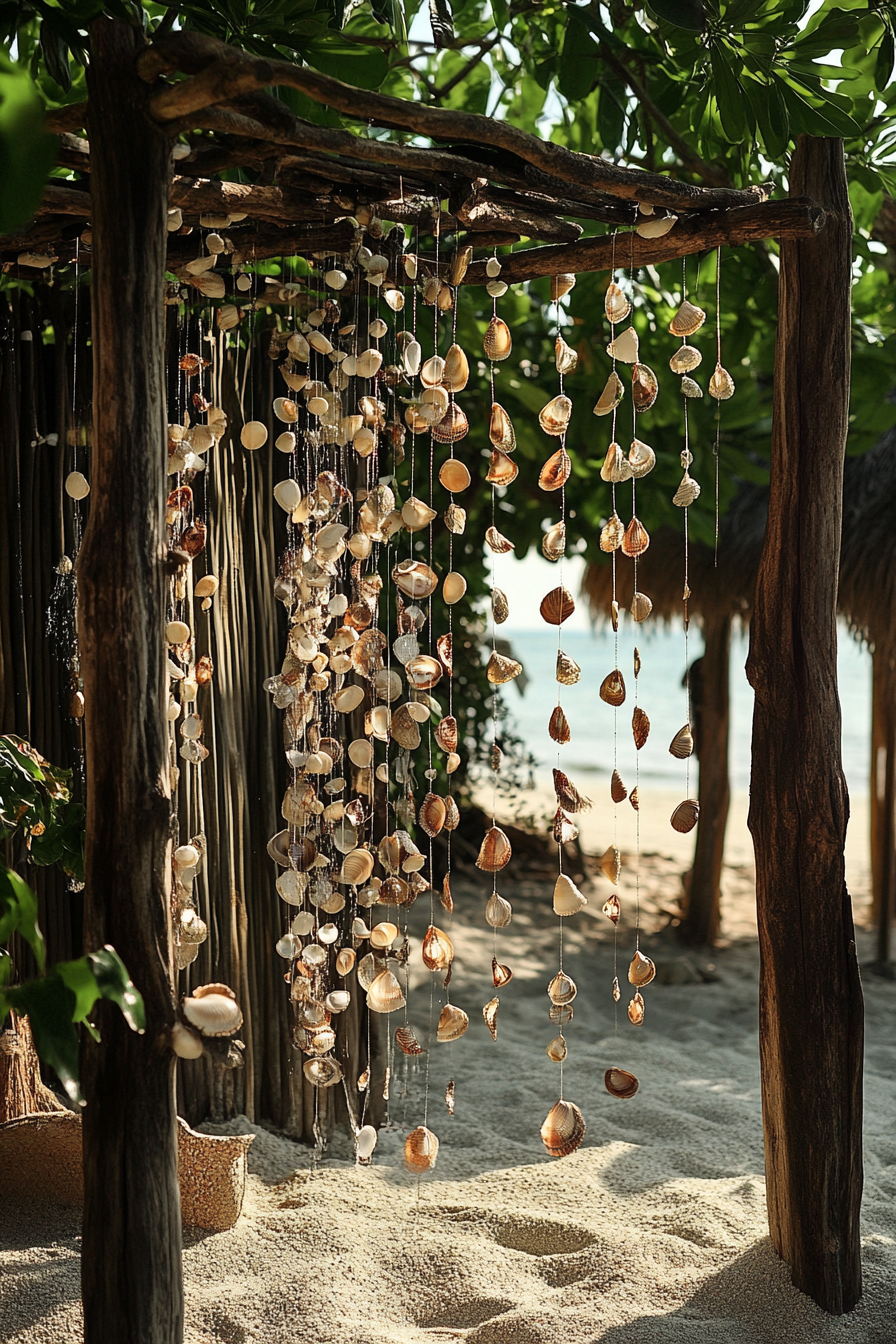 Outdoor shower setup. Driftwood frame with hanging seashell curtain.