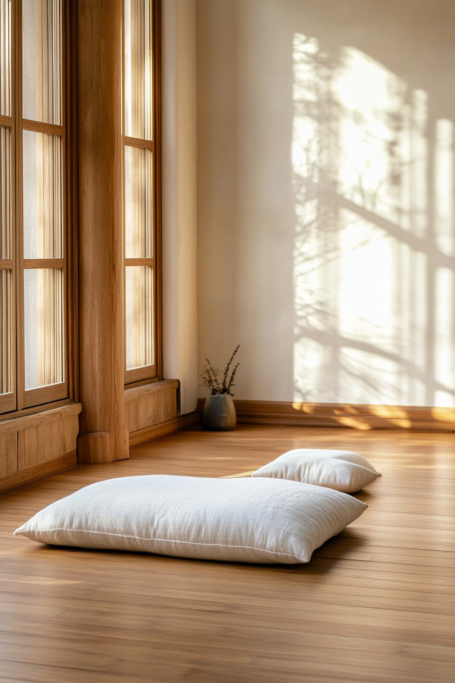 Japandi home yoga studio. Bamboo flooring with an asymmetrically placed white meditation cushion.