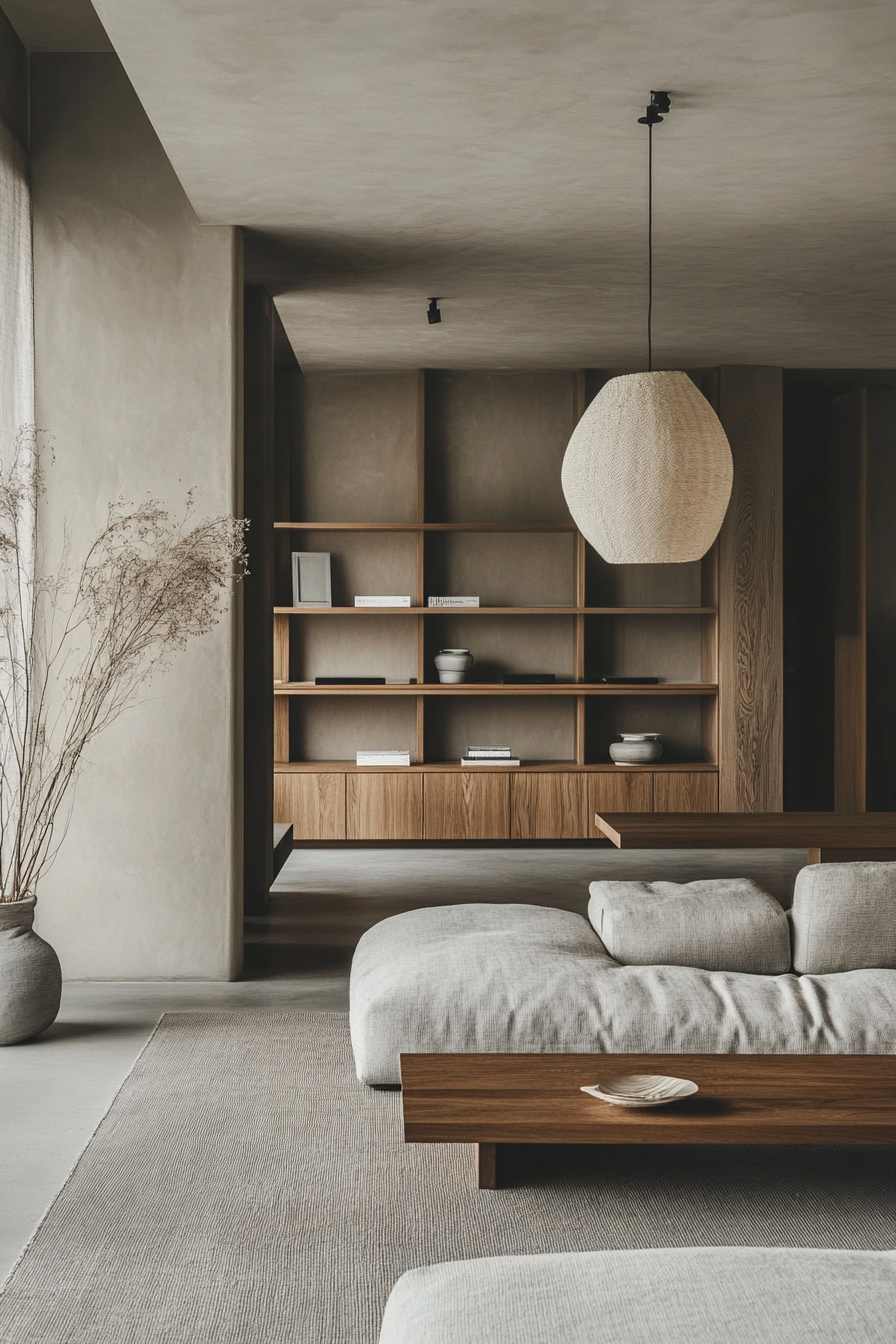 Minimalist Japandi style living room. Grey muted walls with a low-profile Denso bookcase.