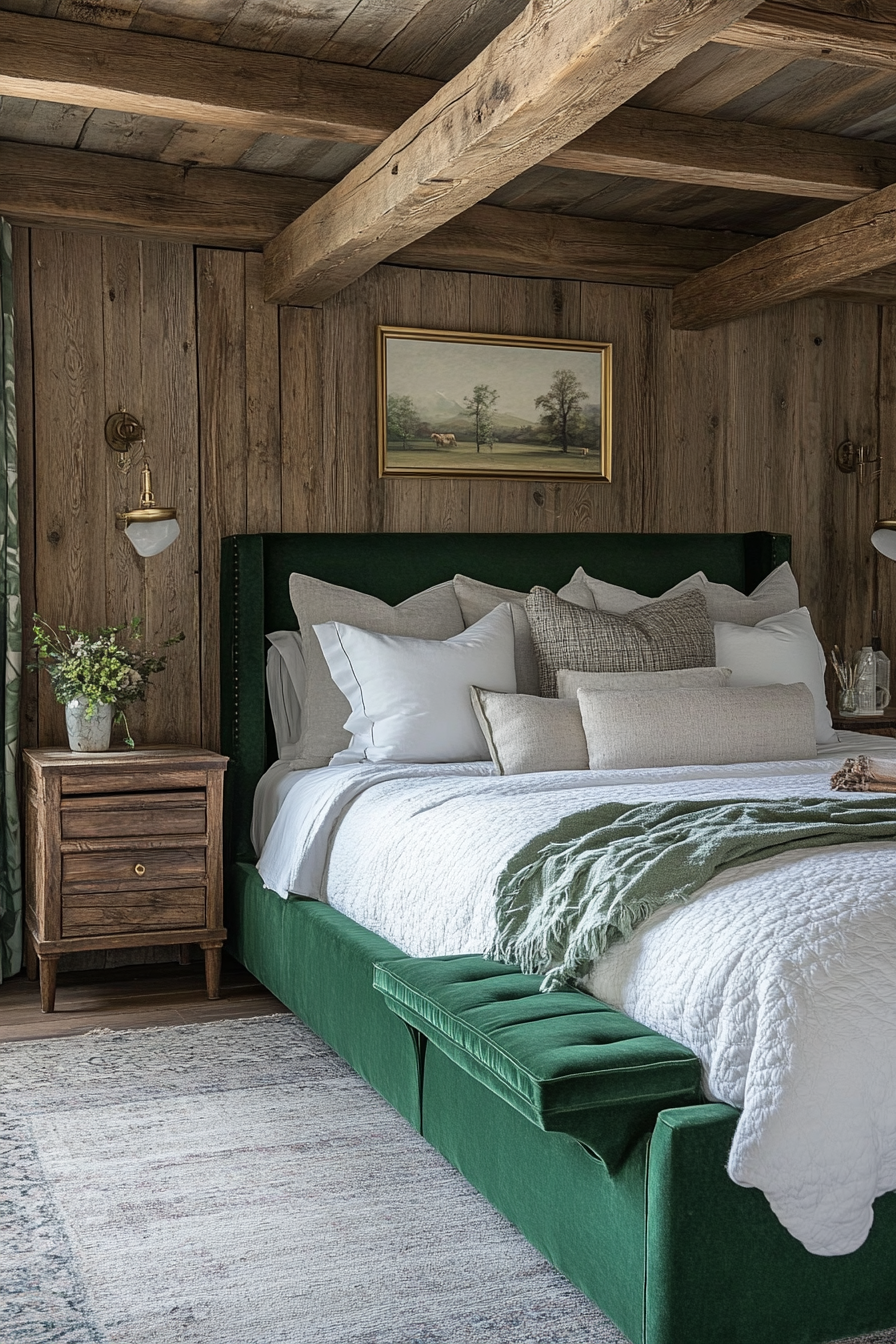 Fall bedroom. Emerald green Art Deco bed with rustic wooden nightstands.