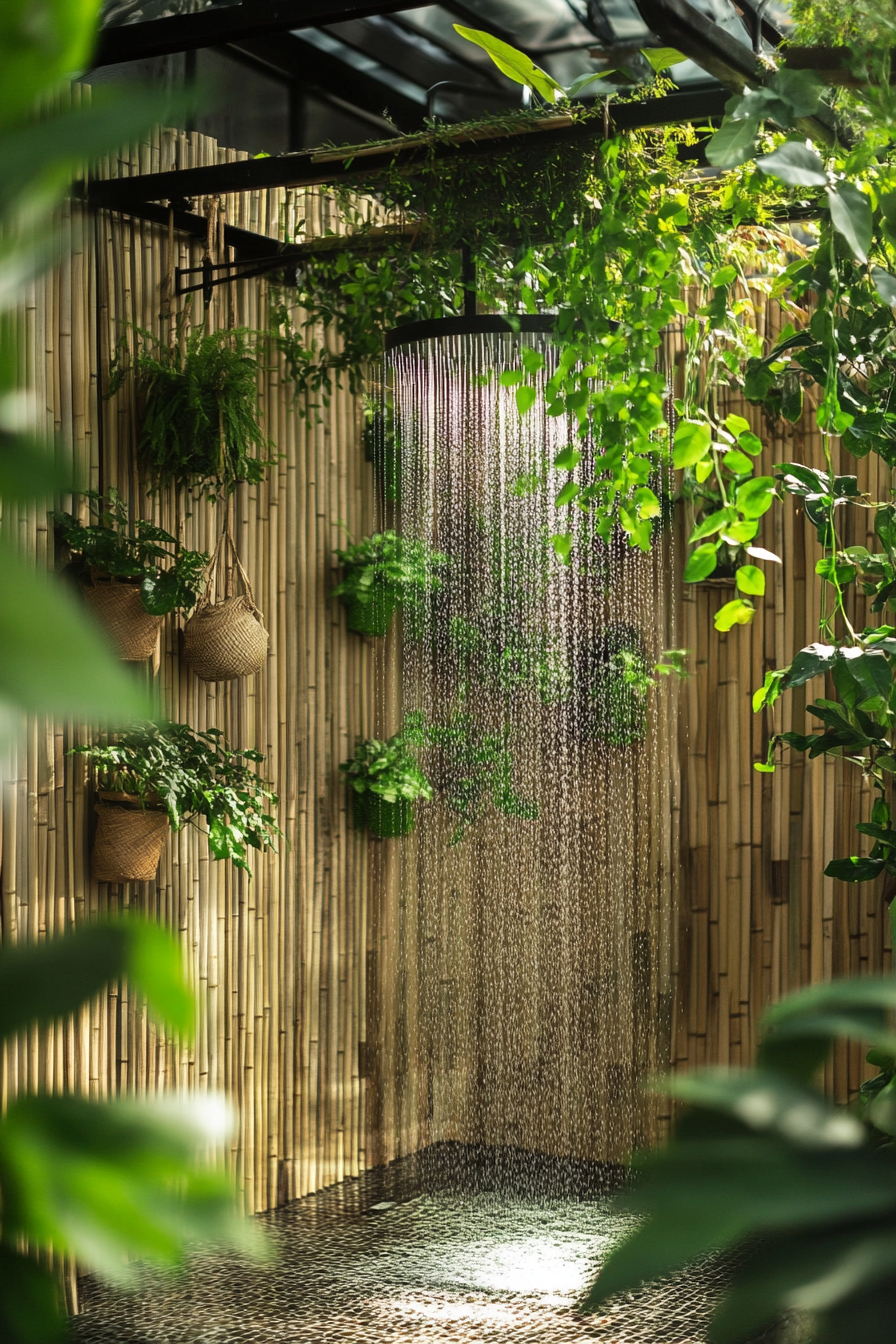 Outdoor shower setup. Hanging green plants with bamboo screen wall.