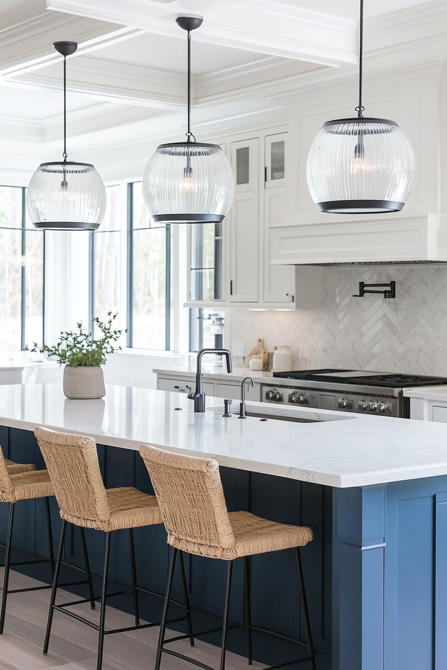 Modern blue and white coastal kitchen. Nautical pendant lighting over marble island.