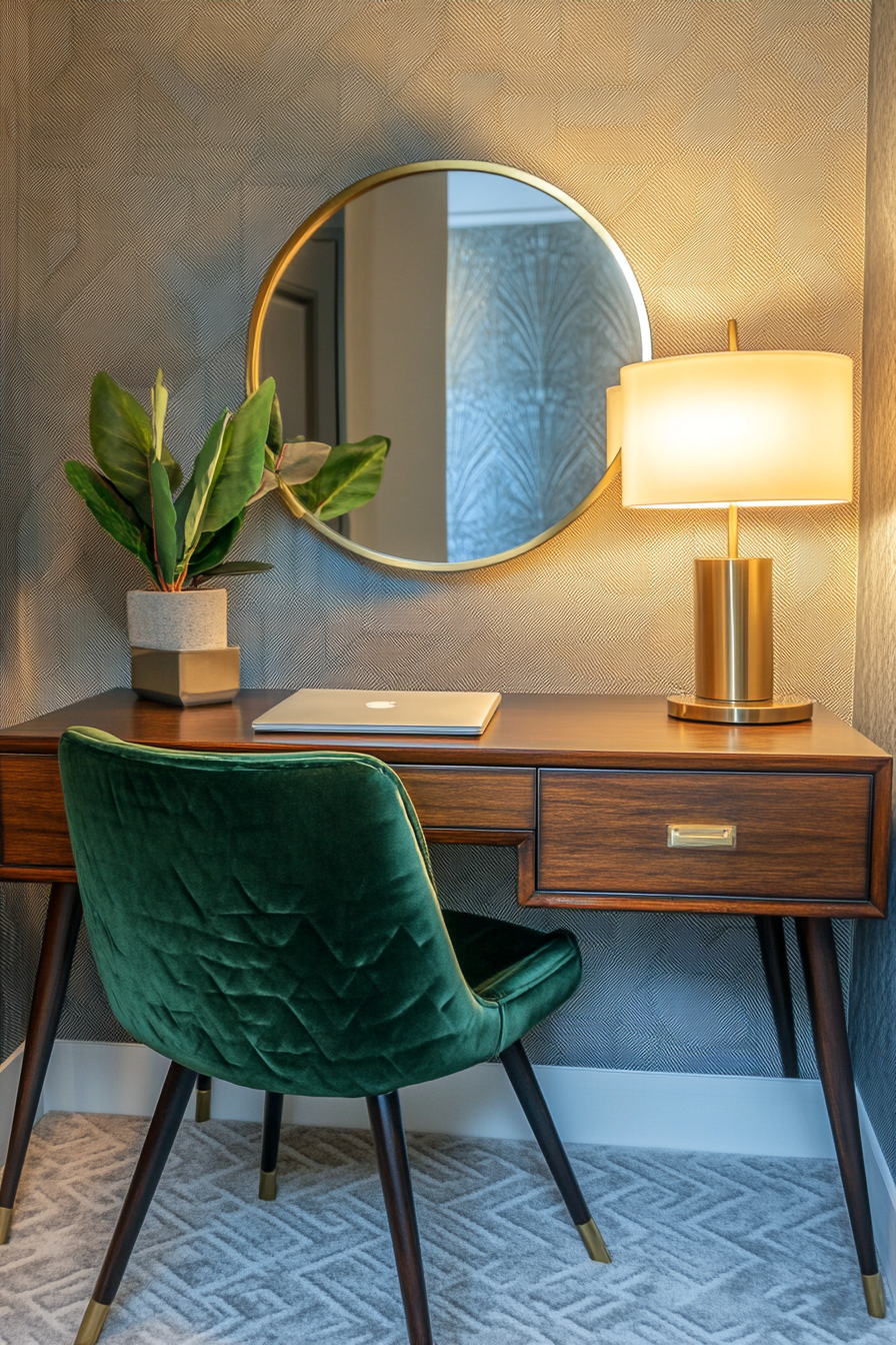 Art Deco Remote Work Office. Desk with geometric pattern lamp and a gold-trimmed round mirror.