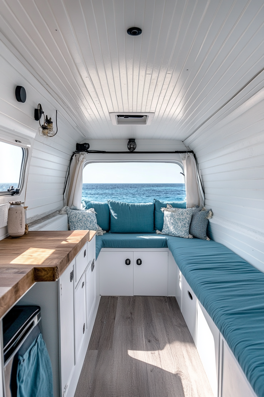 Camper van interior. White paneling with ocean blue upholstery.