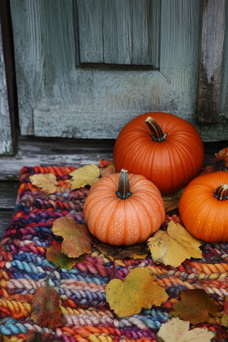 Fall porch. Pumpkins nestling in a multicolored knitted throw rug.