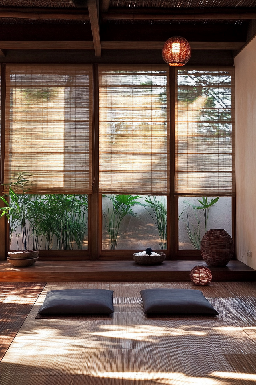 Home Yoga Studio. Tatami mats with Japanese artwork and strip bamboo blinds.