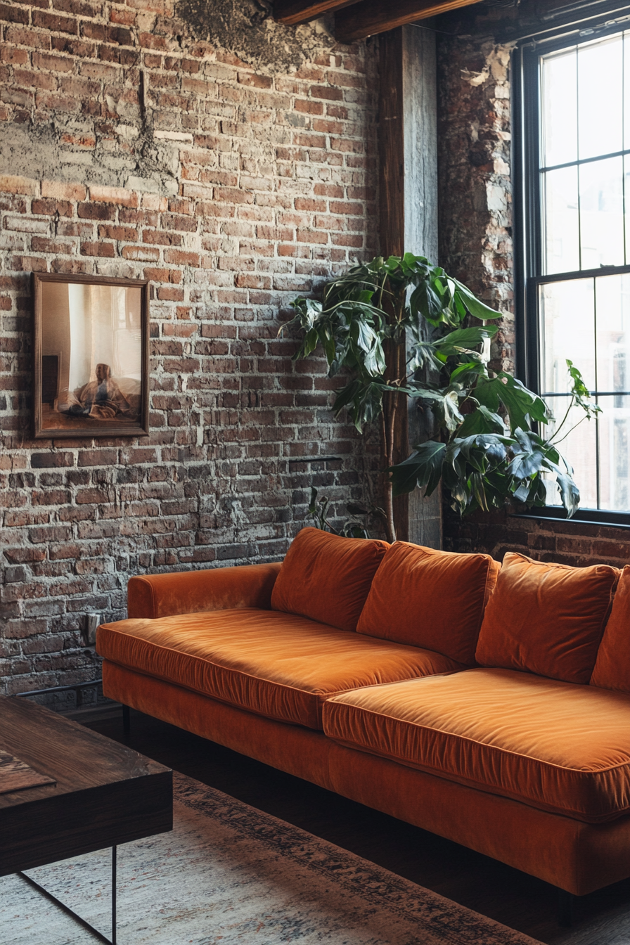 Fall living room. Exposed brick wall with pumpkin orange velvet couch.