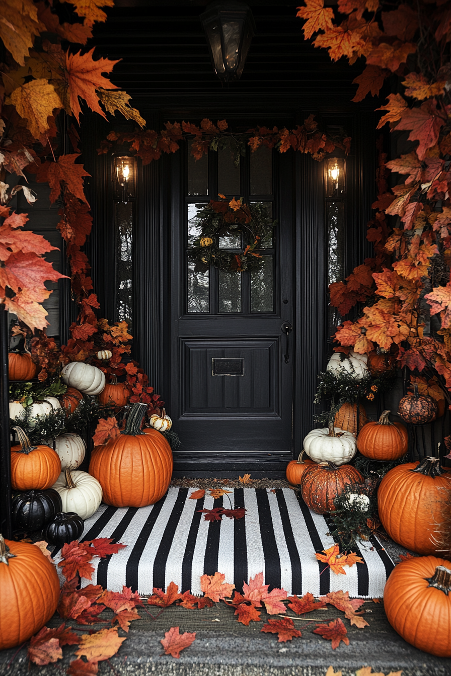 Fall porch. Maximalist with pumpkins, Maple leaves and a black and white stripes carpet.