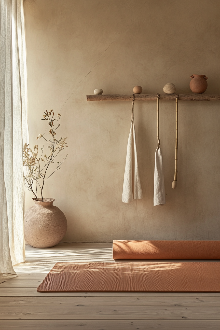 Japandi Home Yoga Studio. Terracotta mat with bamboo wall-mounted prop rack.