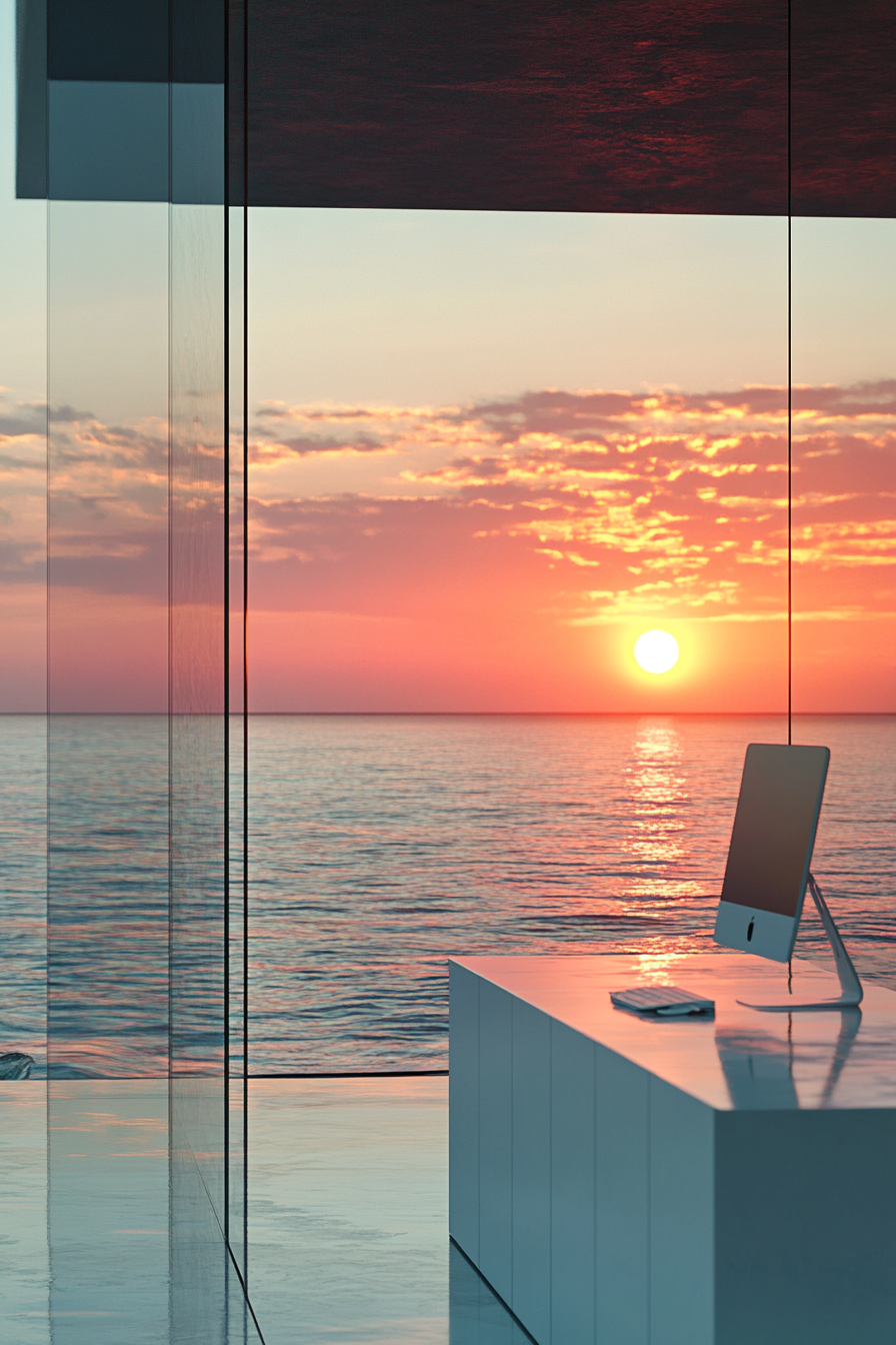 Inspiring workspace. White minimalistic desk against glass wall showcasing ocean sunset.