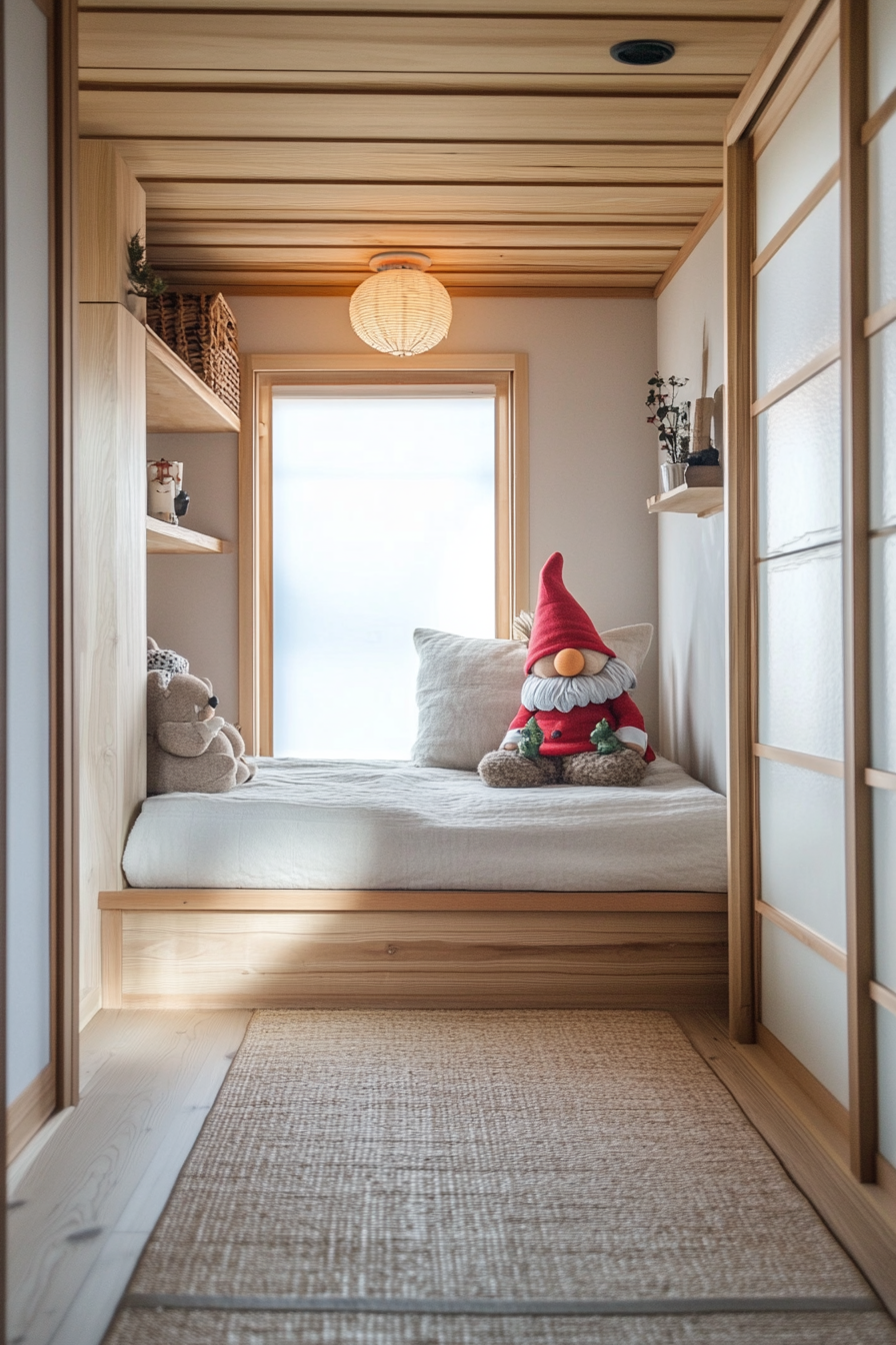 Tiny home interior. Japanese-style sliding doors and Scandinavian gnome figurines.