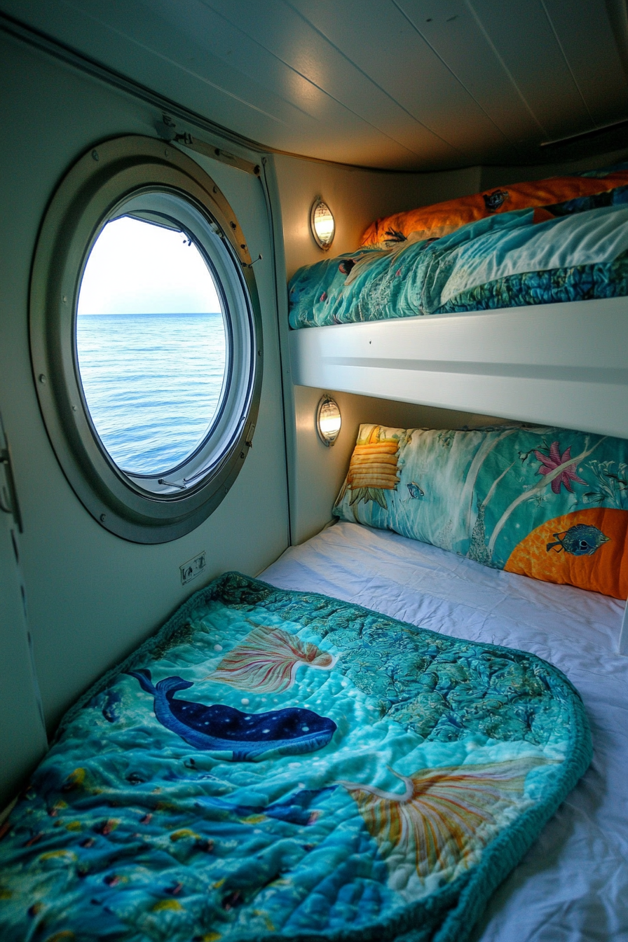 Ocean-themed sleeper camper. Mermaid blanket on bunk bed next to porthole window.