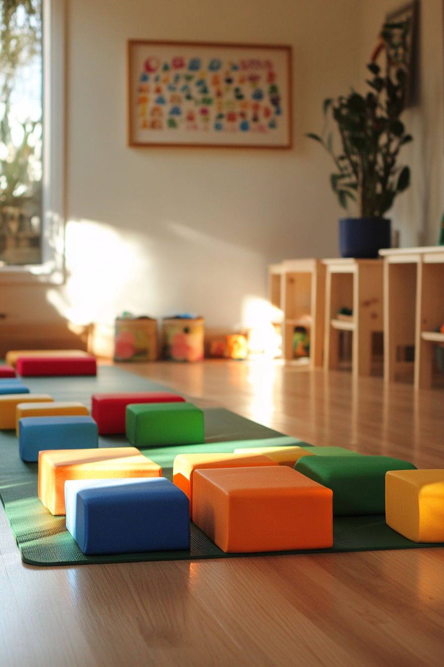 Kids' yoga area. Compact Montessori mat space with multi-color yoga blocks.