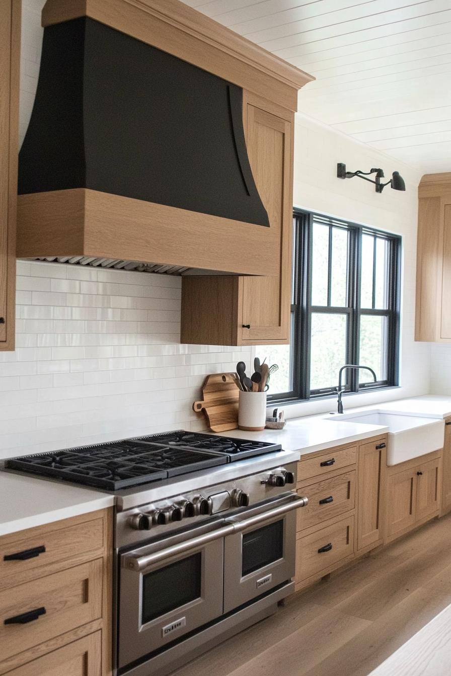 Farmhouse kitchen. Contrasting white oak cabinets and black metallic hood vent.