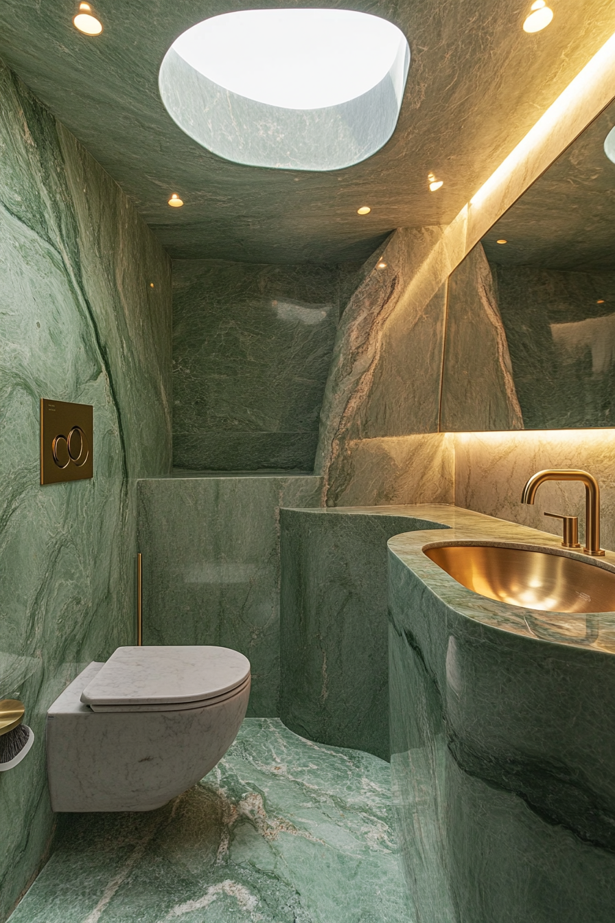 Small luxurious bathroom. Gold faucets, marbled green splashback, skylight in a yoga center.