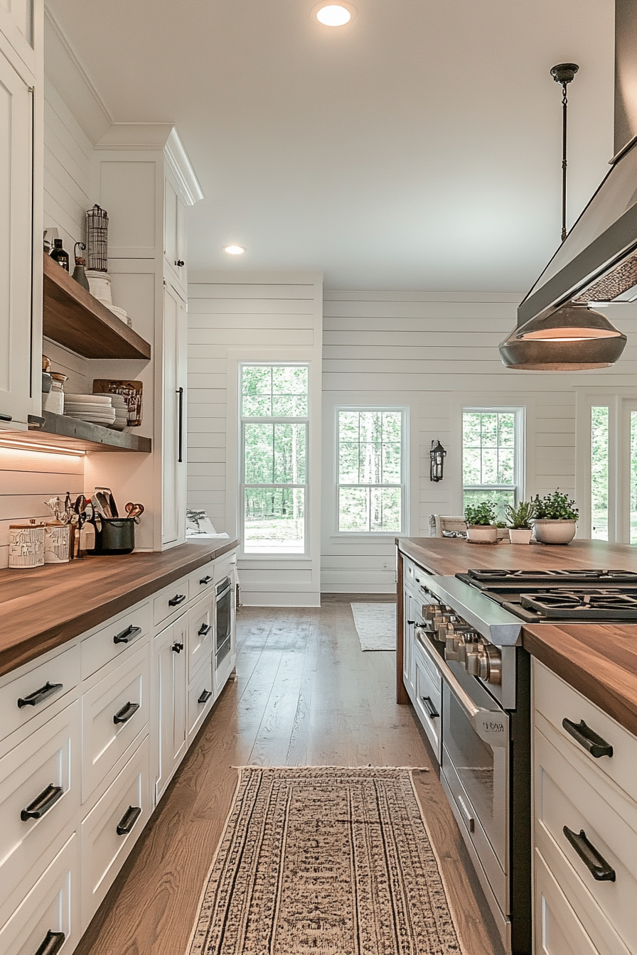 Modern Farmhouse Kitchen. Shiplap walls with hickory wood countertops.