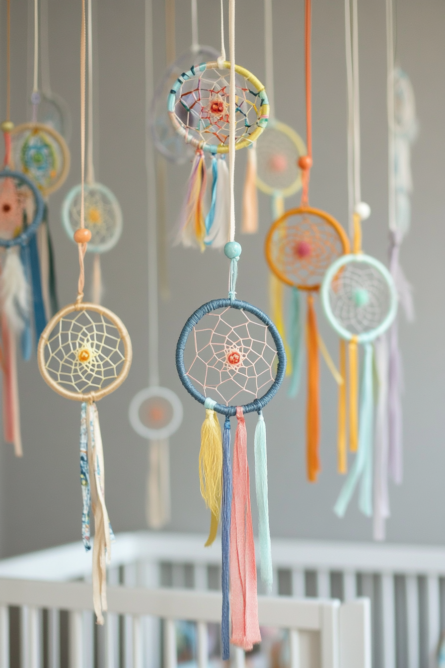 Nursery. Multi-color hanging dream catchers against cool gray walls.