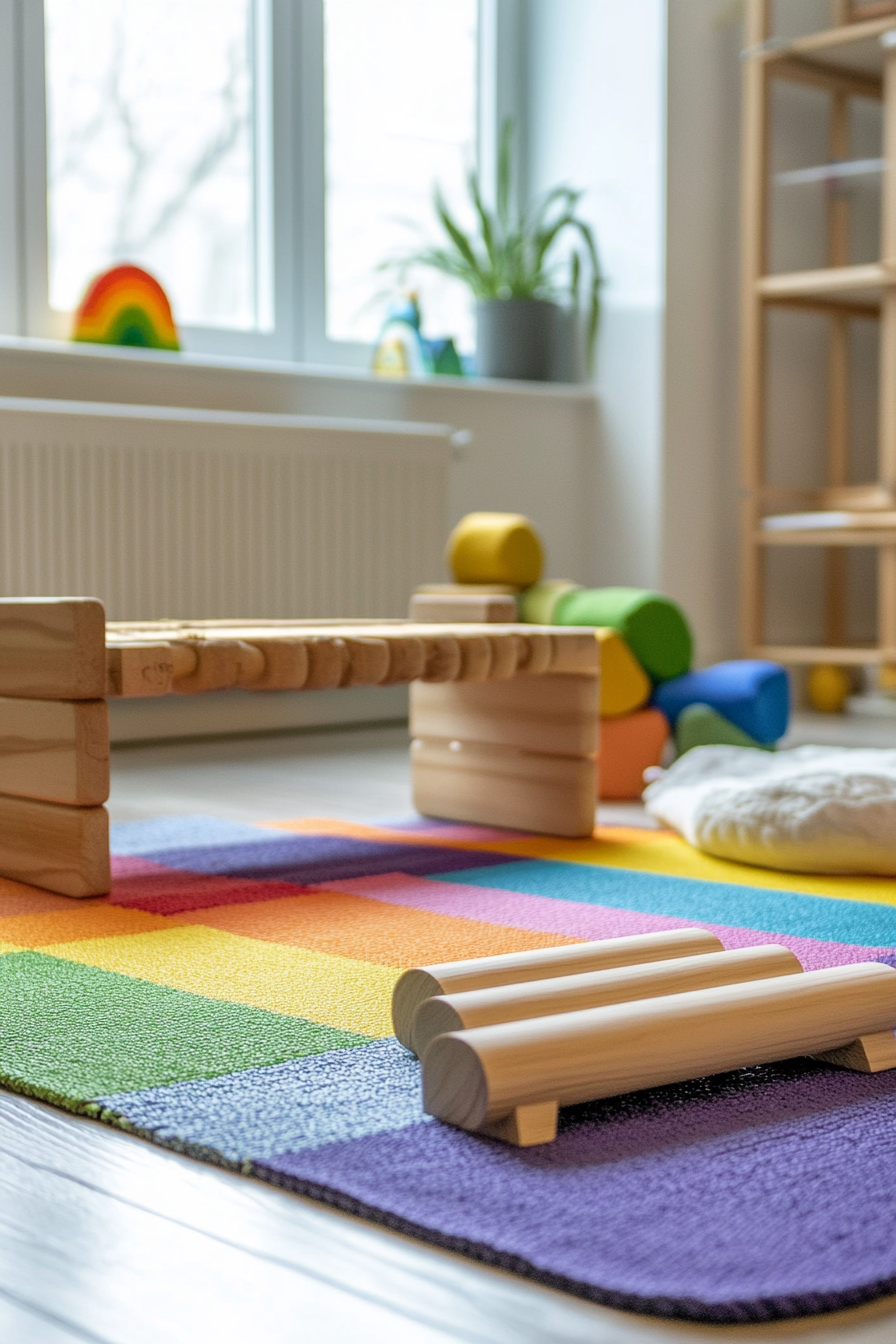 Compact kids' yoga area. Rainbow colored yoga mat with wooden Montessori balance board.