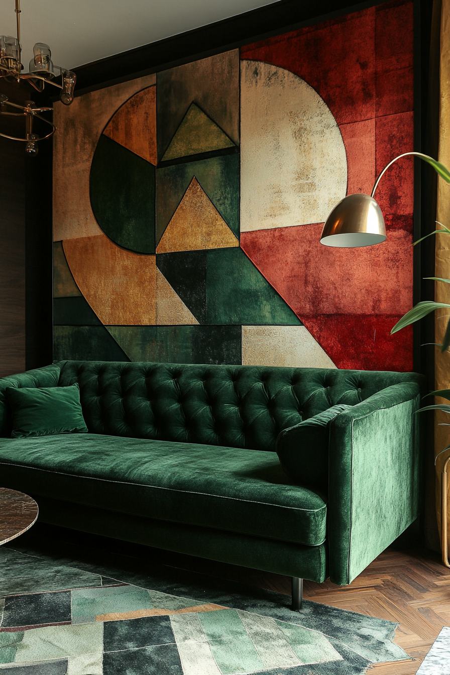 Living room. Maximalist velvet green couch with minimal geometric patterns.