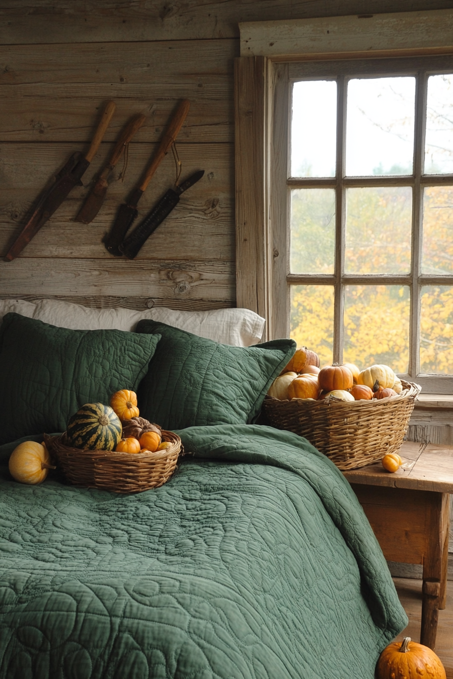 Fall bedroom. Quilted forest-green bedspread, basket of gourds, bucksaw on rustic wooden wall.