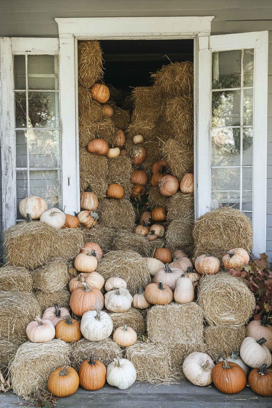 Fall porch. Overflowing haystacks paired with pastel pumpkins.