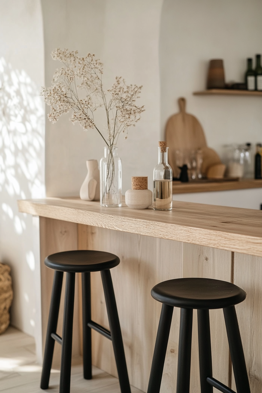 Japandi Kitchen Transformation. Wooden breakfast bar with black, minimalist stools.