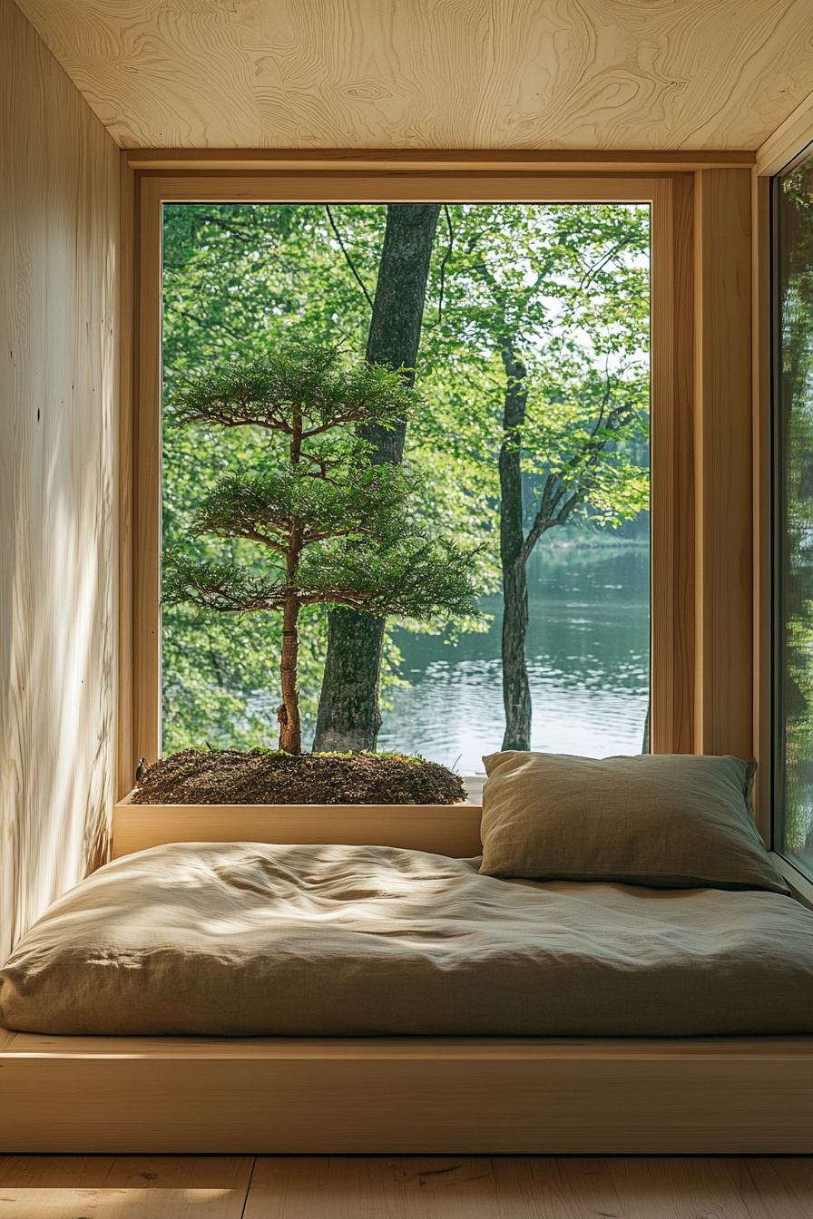 Tiny home interior. Blonde wood futon with minimalist bonsai display.