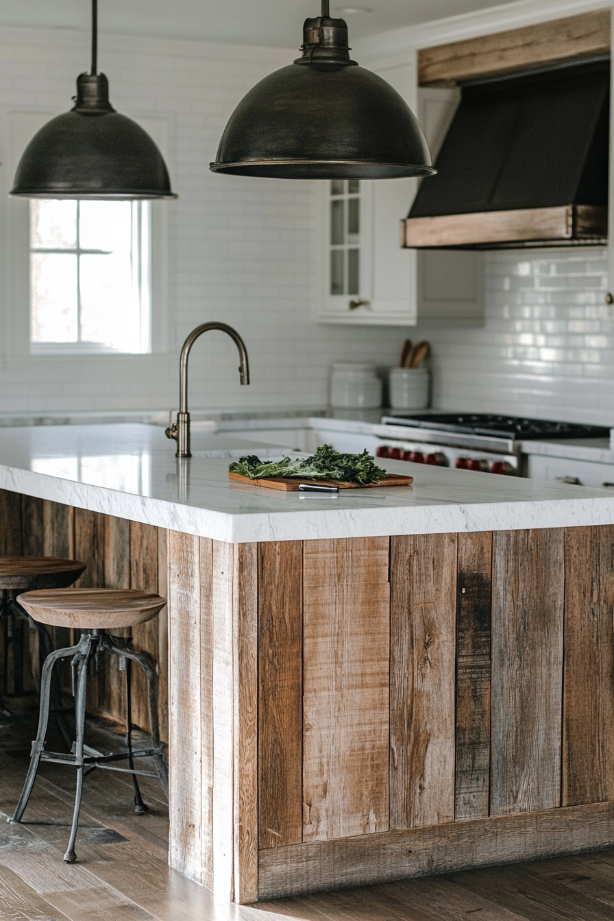 Farmhouse kitchen. Weathered-wood island with white marble countertop.