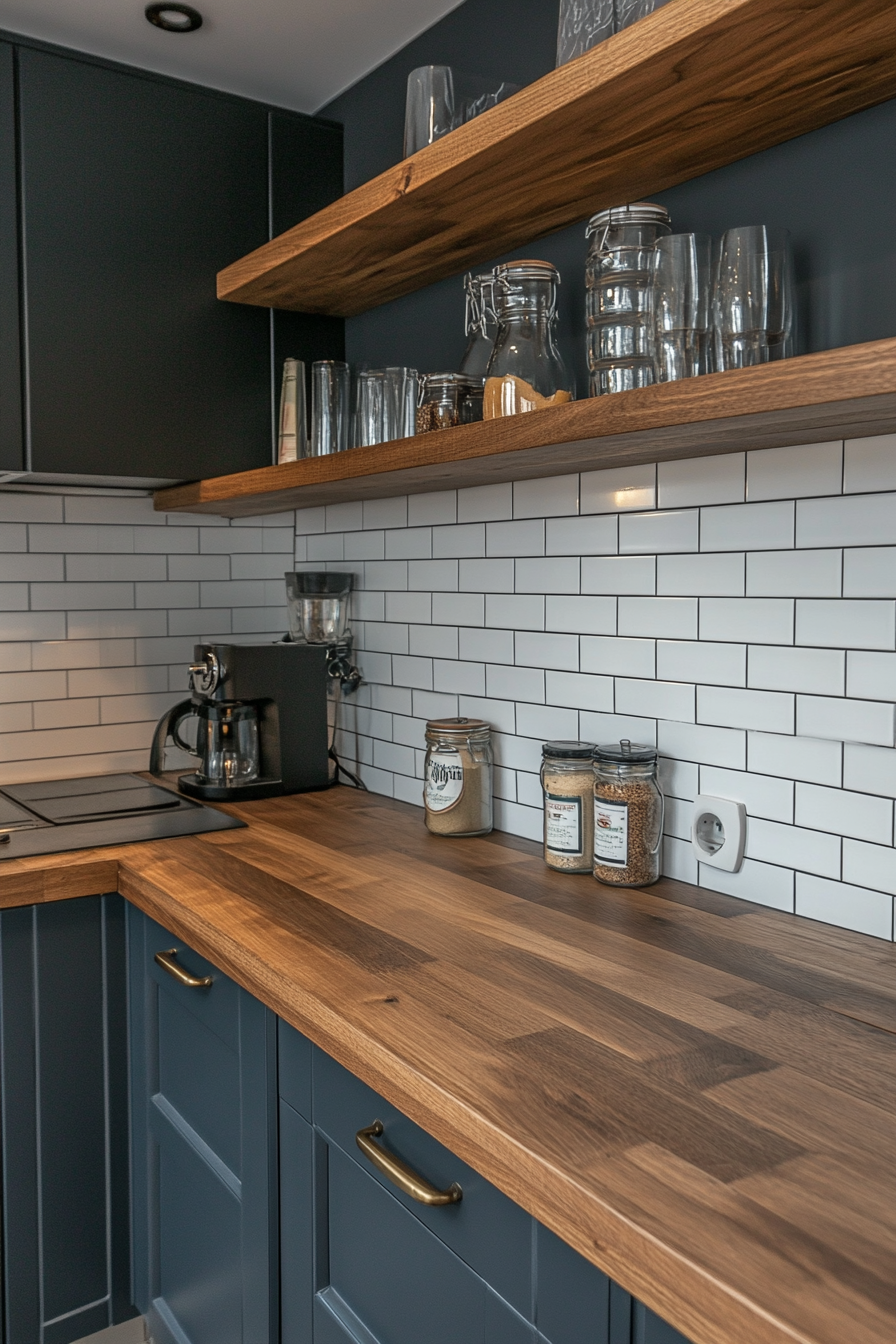 Japandi kitchen transformation. Wooden countertops with ceramic subway tile backsplash.