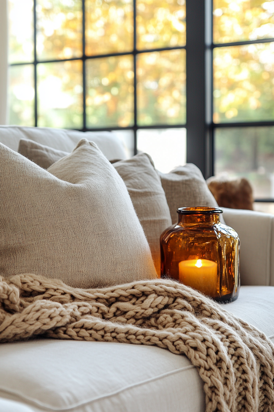 Fall living room. Linen sofa with knit oatmeal throw and amber glass lantern.