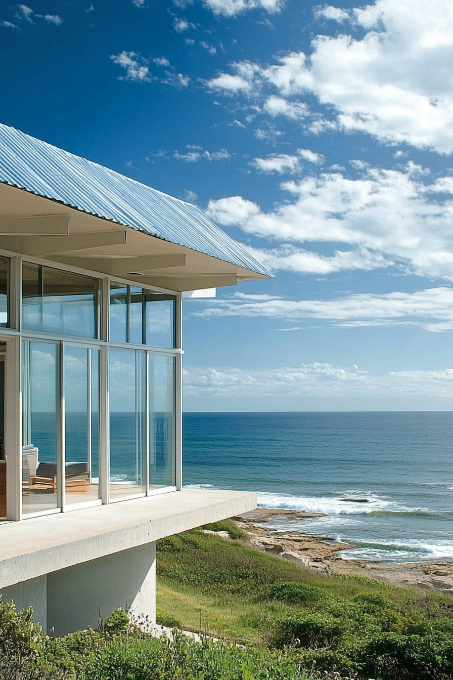 Compact beach house. Blue tin roof, white walls, large glass windows overlooking the ocean.