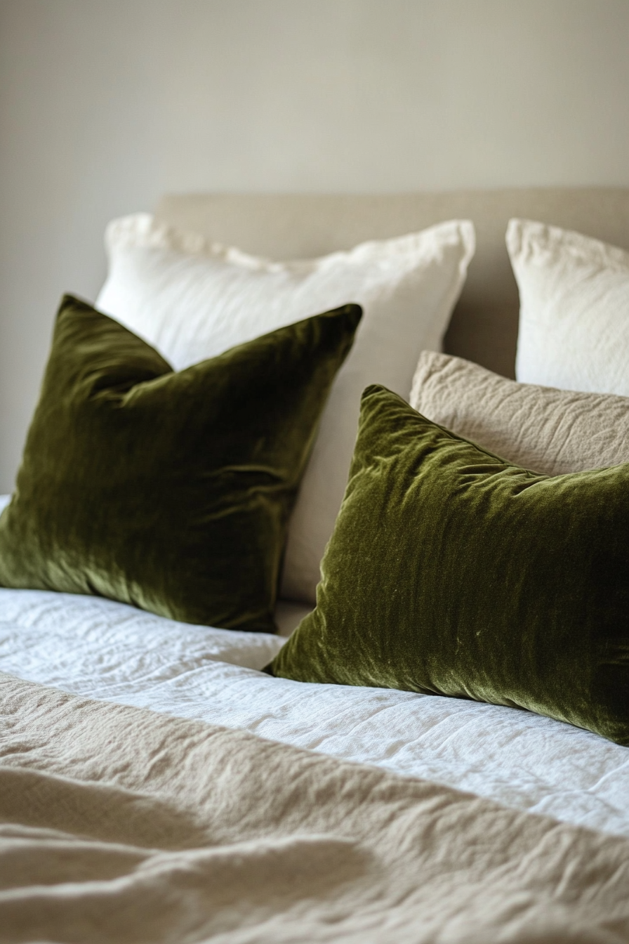 Fall bedroom. Velvet moss green throw pillows on beige linen bedspread.