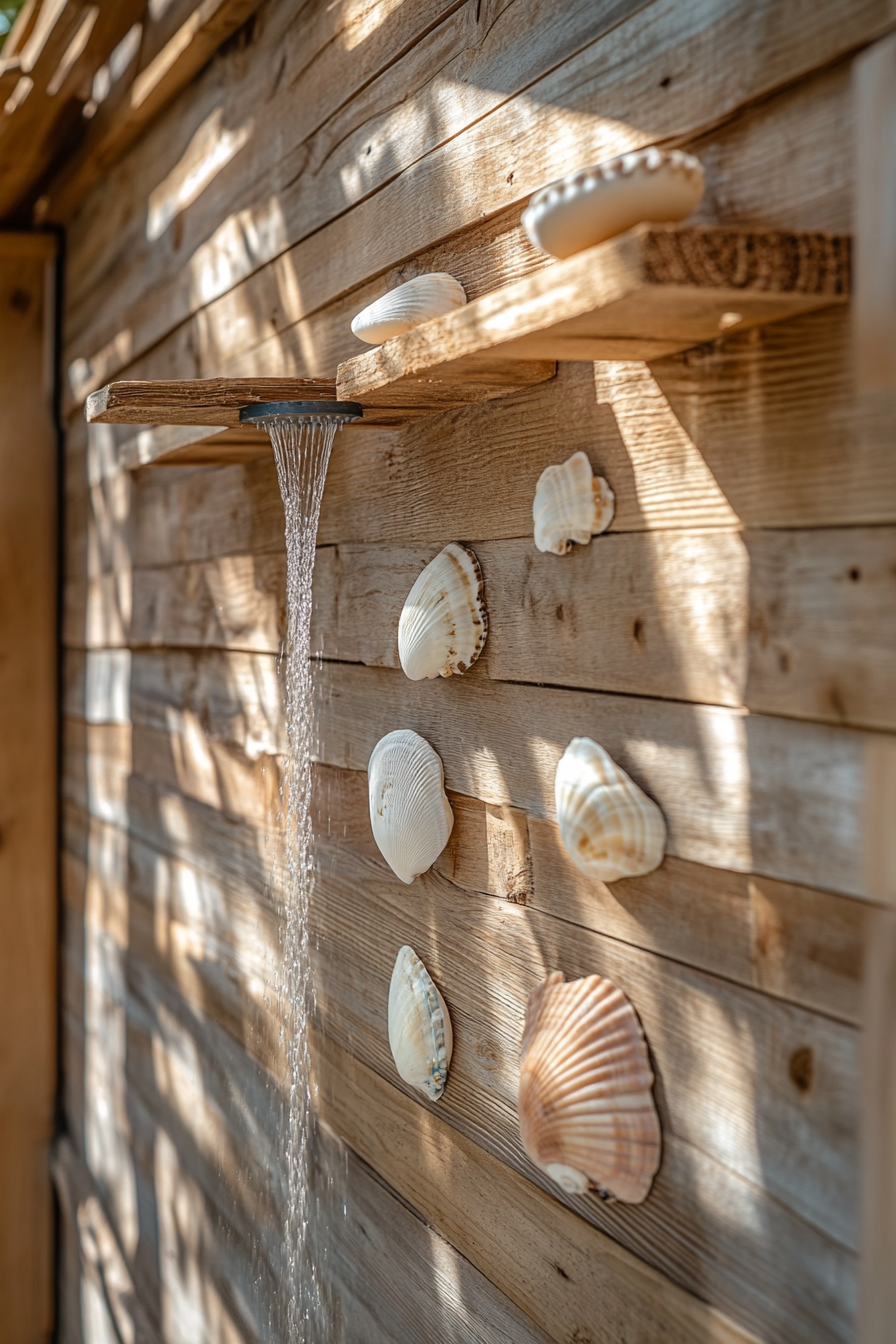 Outdoor shower setup. Cedar planks and seashell decorations.