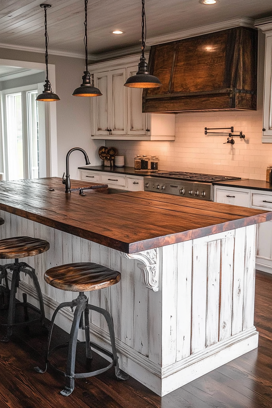 Rustic-Modern Farmhouse Kitchen. Distressed white kitchen island with mahogany countertop.