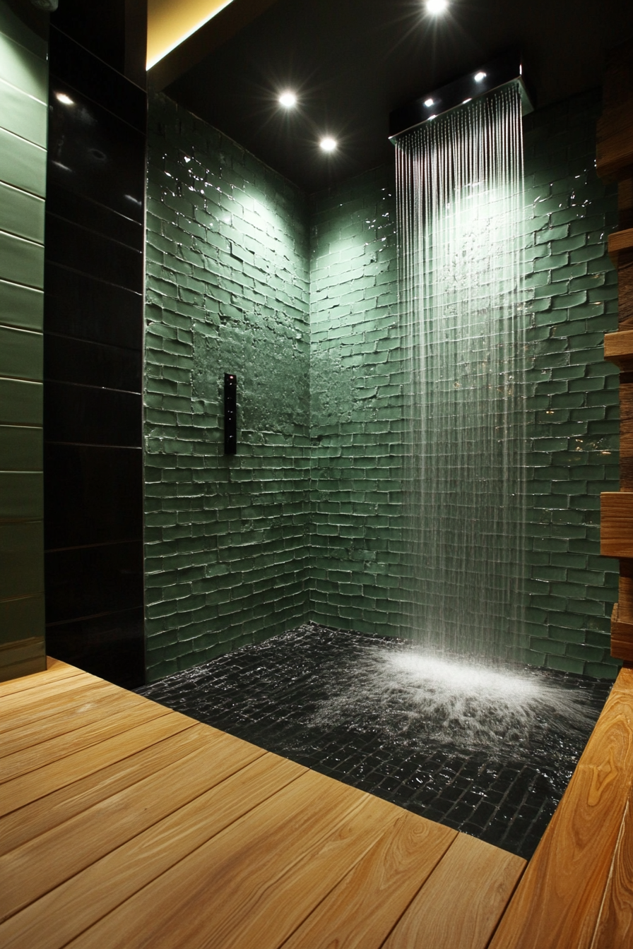 Small luxurious bathroom. Matte black waterfall shower, teak wood flooring, soft-green wall tiles.