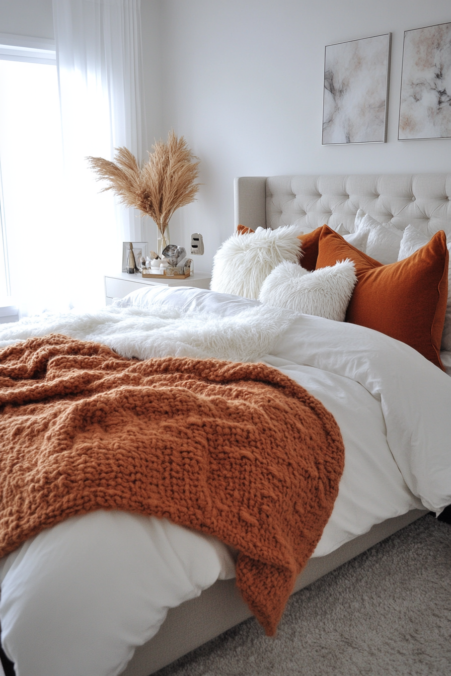 Fall bedroom. Neutral palette with pumpkin orange accents.