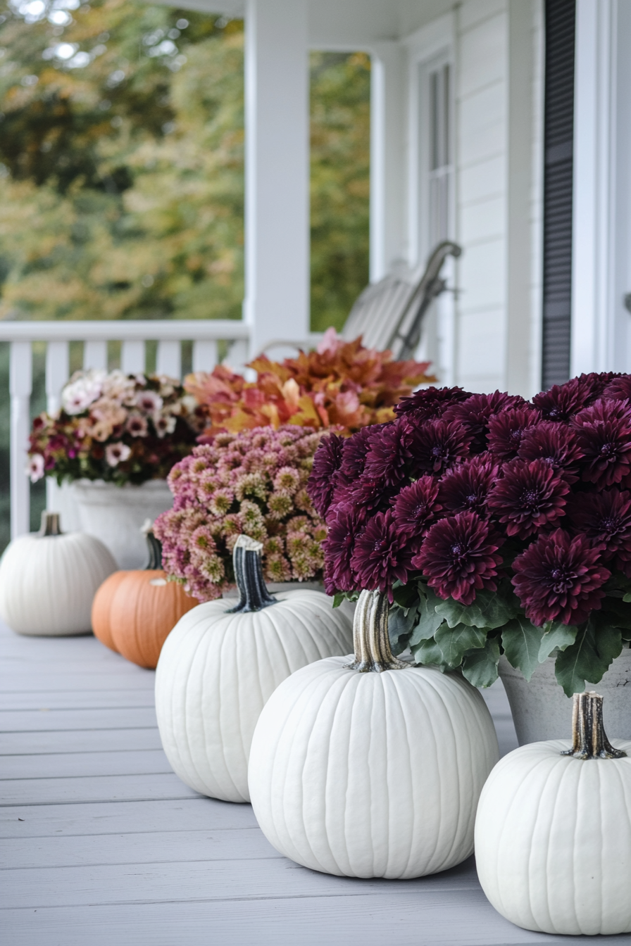 Fall porch. White pumpkins with burgundy mum arrangements