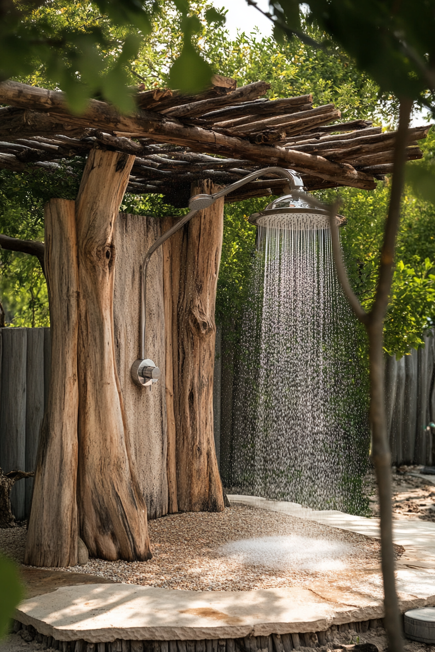 Outdoor shower setup. Driftwood structure with rainfall showerhead.