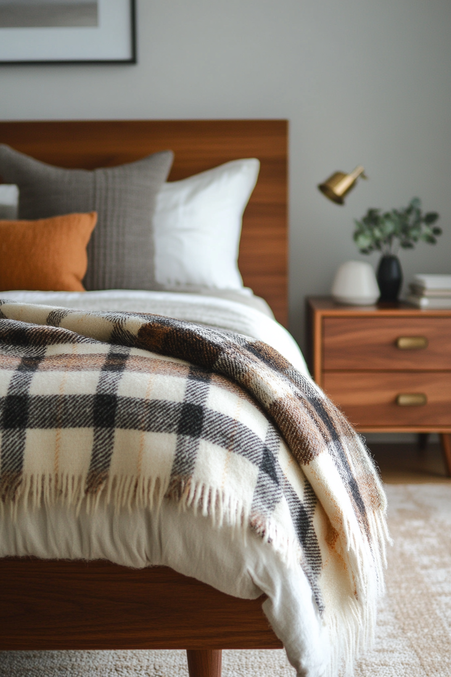 Cozy-modern fall bedroom. Plaid blanket on a walnut mid-century modern bed.