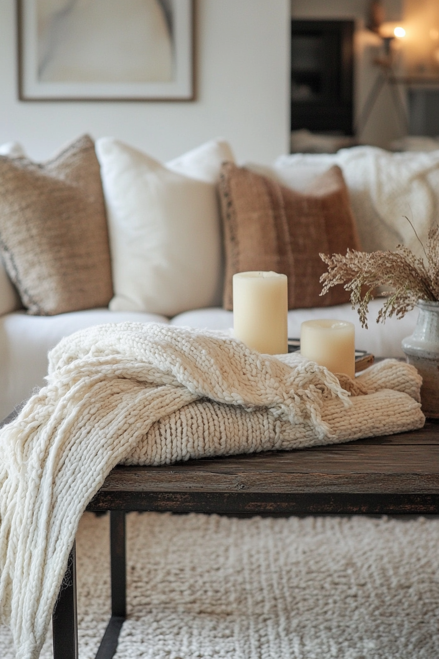 Fall living room. Iron-frame coffee table with pile of knit blankets.