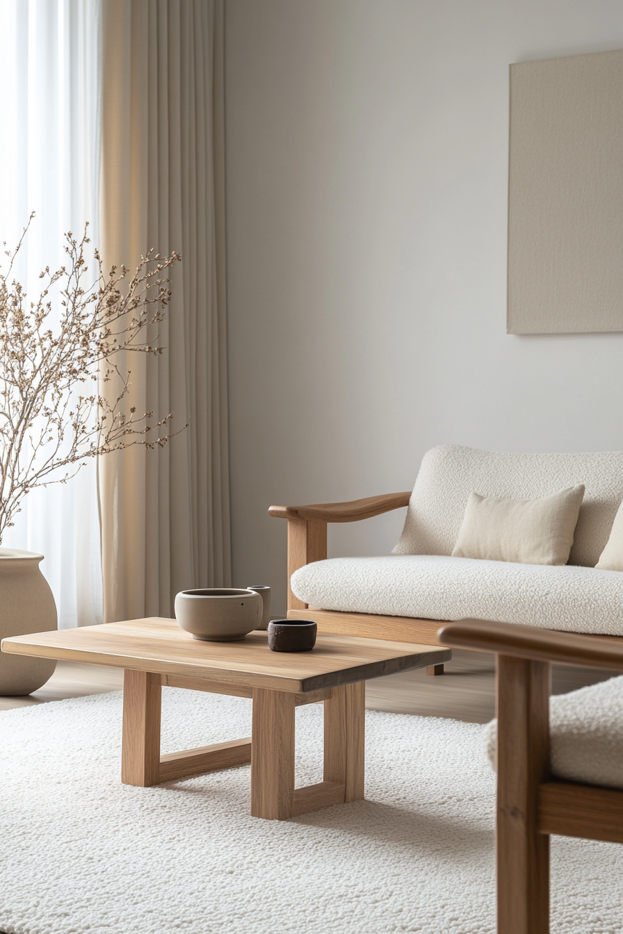 Japandi minimalist living room. Light oak furniture with clean lines and a white wool rug.