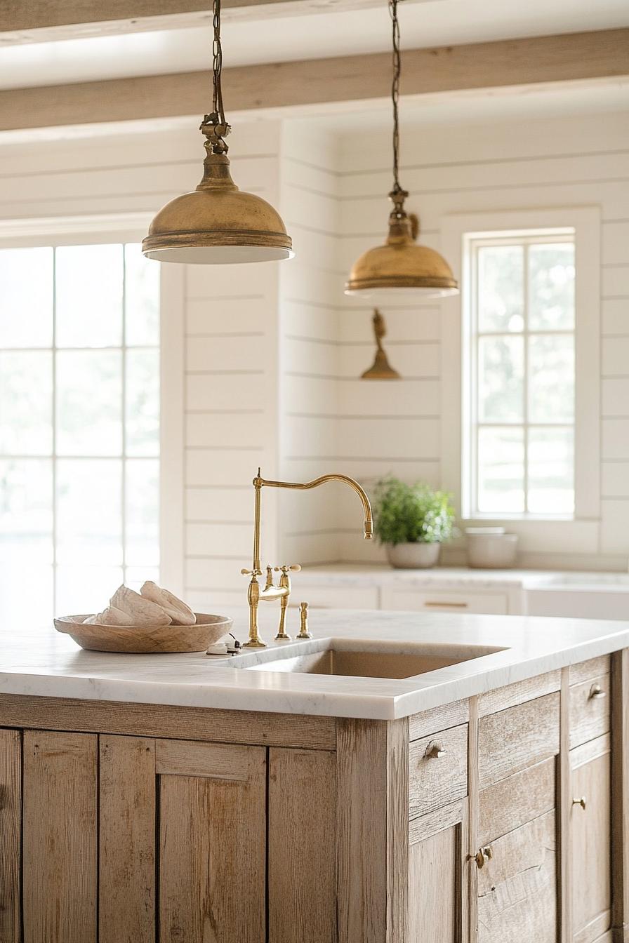 Farmhouse kitchen. Whitewashed shiplap with brass accents and reclaimed wood island.